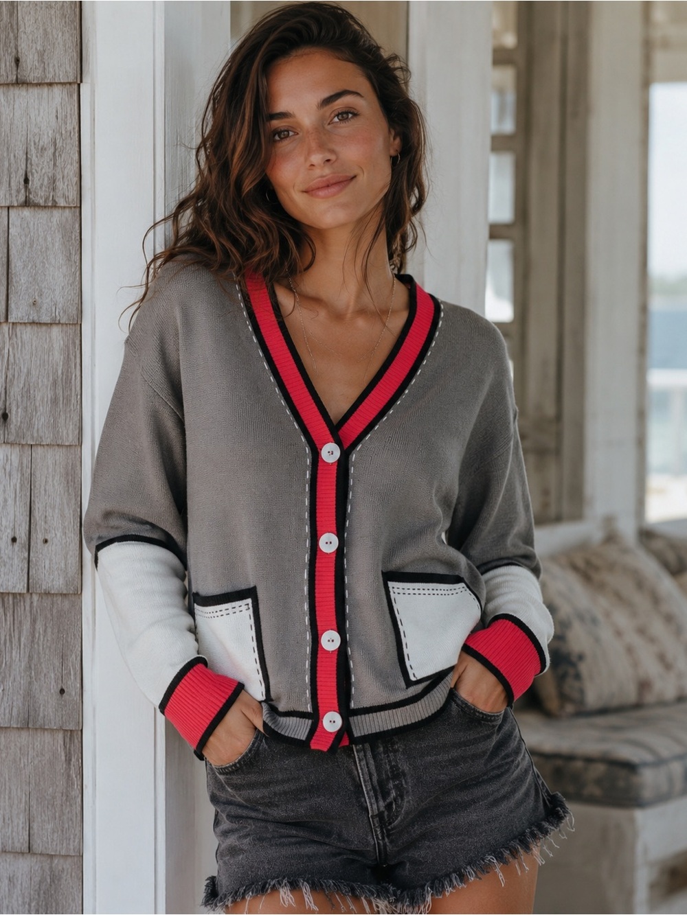 Shannon Passero Grey Colorblock Cardigan Size S Y2K Grunge Boho Coastal
